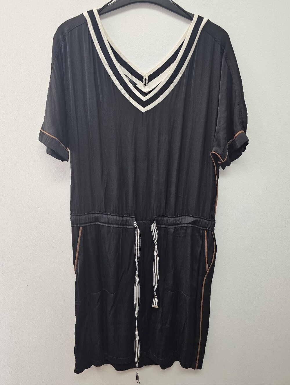 Black V-Neck Midi Dress with White Trim